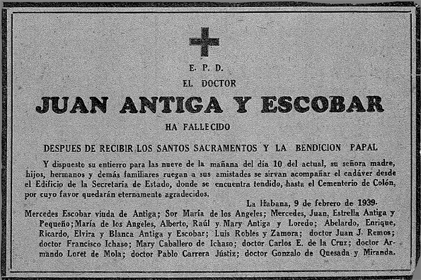 1939 Death Notice of Juan Antiga y Escobar